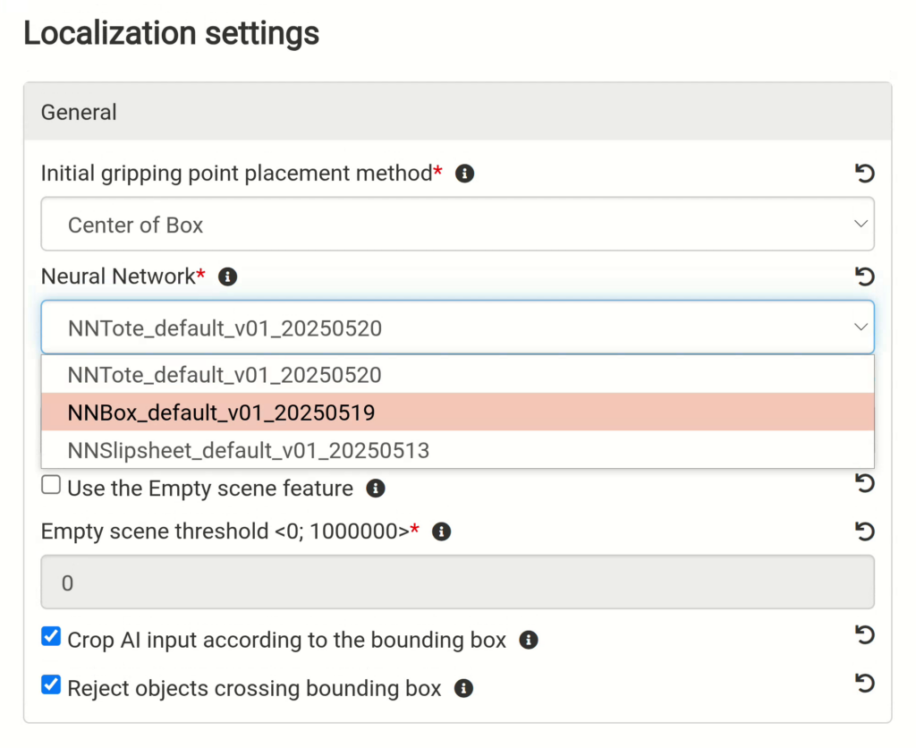 Peek into Bin Picking Studio GUI options for neural network switching