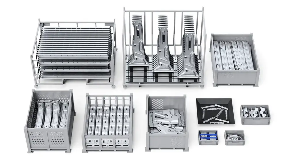 Different types of bins and racks in pick to weld automation